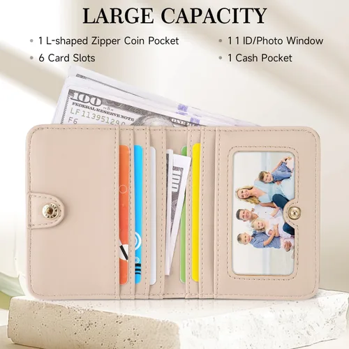 Vista 4 de Billetera para mujer, delgada y pequeña, billetera compacta con RFID, plegable, compacta, para mujer, cartera de cuero en relieve 3D con soporte
