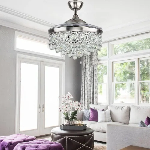 Vista 5 de Ventilador de techo de araña de cristal de 42 pulgadas con luces y cuchillas retráctiles de control remoto, moderno ventilador LED de iluminación