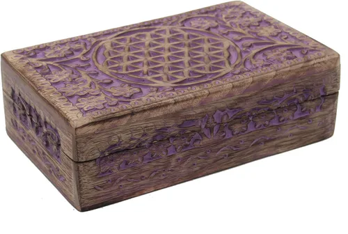 Vista 2 de DharmaObjects Caja de almacenamiento de madera tallada a mano con flores de la vida (morado, L)