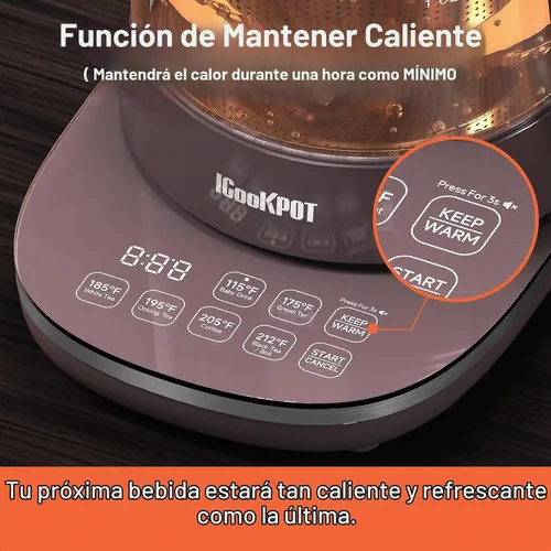 Vista 5 de Hervidor eléctrico de vidrio caliente de titanio de 1500 W con infusor y control de temperatura, hervidor de té de 1.5 L de ebullición rápida Marrón