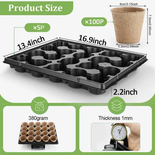 Vista 4 de RooTrimmer Macetas de turba de 3.15 pulgadas, 100 piezas con bandejas de plántulas de 20 celdas, 5 unidades, macetas biodegradables para inicio