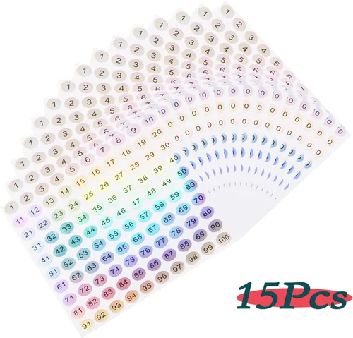 Vista 2 de Mini Skater 15 hojas de 1 a 100 adhesivos reflectantes láser pequeños redondos con números consecutivos autoadhesivos para almacenamiento