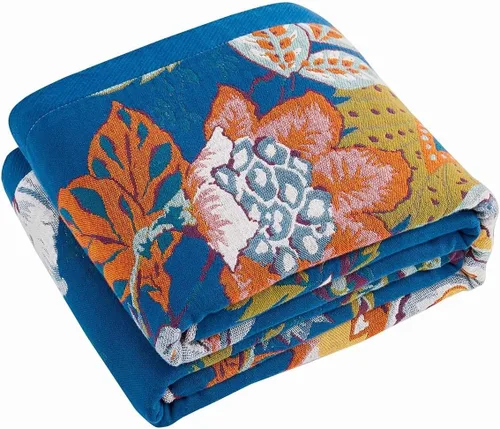 Vista 14 de Manta bohemia de muselina de algodón tejida con flores decorativas de 50 x A-verde