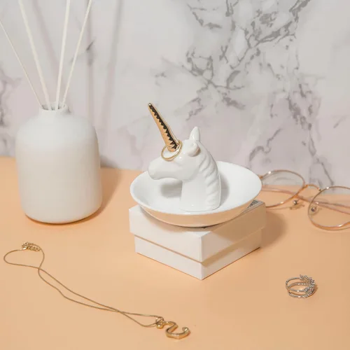 Vista 2 de Soporte para anillos de unicornio de cerámica, bandeja para joyas, bandeja para anillos, aretes, organizador de baratijas, regalo de Navidad