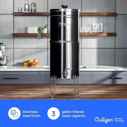 Vista 2 de Culligan MaxClear - Sistema de filtro de agua por gravedad de 3 galones, filtro de agua de acero inoxidable cepillado para encimera, certificado