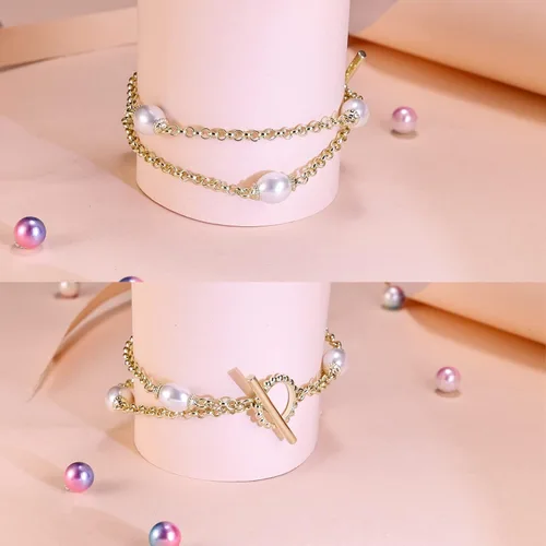 Vista 6 de AiliFe Pulseras de doble capa de perlas de oro para mujer, pulsera chapada en oro amarillo real de 14 quilates, pulsera de perlas delicadas