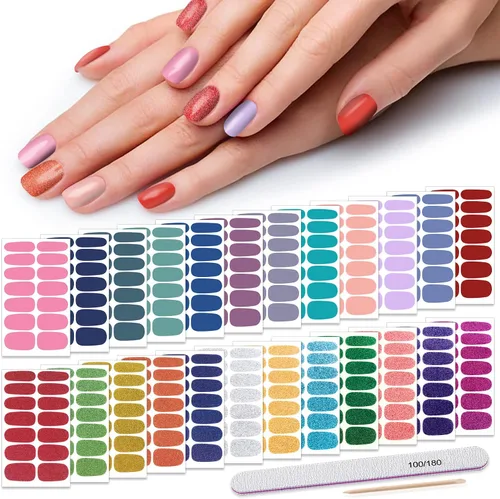 Vista 15 de Tiras de esmalte de uñas, color sólido, 24 hojas de calcomanías adhesivas de esmalte de uñas, envolturas completas de uñas de gel para mujeres
