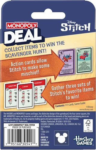 Vista 2 de Monopoly Deal: Edición Disney Stitch - Juego de cartas Basado en Lilo & Stitch de Disney Juegos de Disney para niños oficialmente licenciados