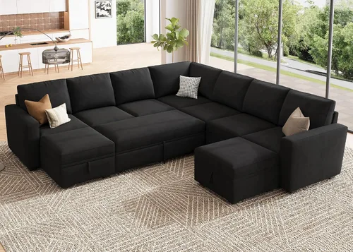 Vista 26 de HONBAY Sofá Seccional Cama con Cama Extraíble, Sofá en Forma de U con Almacenamiento, Sofás Seccionales Modulares para Sala de Estar, Gris Oscuro