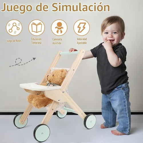 Vista 7 de Cochecito de muñeca de madera para caminar, cochecito de bebé para muñecas