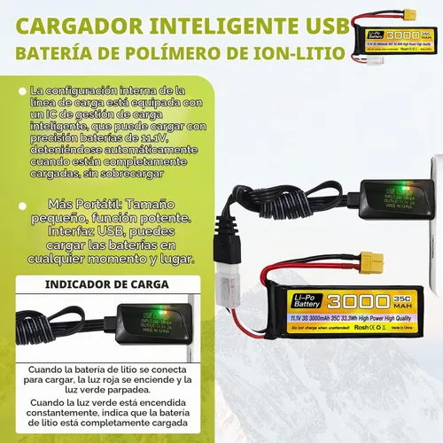 Vista 4 de sea jump 3S Lipo Batería 11.1V 3000mAh 35C con enchufe XT60 y cable de carga USB adecuado para coche RC, camión, barco de control remoto