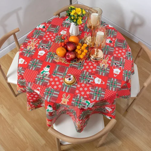 Vista 5 de Mantel de vinilo desechable con reverso de franela, impermeable, patrón de copo de nieve y reno (60 pulgadas, 2-4 asientos)