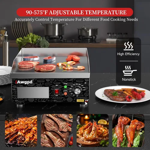 Vista 5 de Plancha eléctrica comercial de 14 pulgadas, plancha eléctrica de encimera plana, parrilla eléctrica superior plana de 110 V 1800 W, parrilla