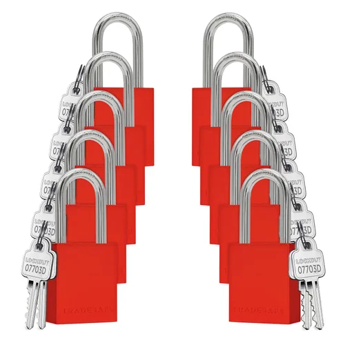Vista 12 de TRADESAFE Juego de cerraduras de bloqueo y etiquetado – 10 cerraduras de aluminio azul, candados de bloqueo con llave igual, 2 llaves por candado