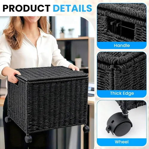 Vista 4 de Cinnvoice Archivador decorativo con ruedas de 14 x 12 x 11.5 pulgadas, organizador de mimbre para cartas y tamaño legal, cesta colgante tejida a