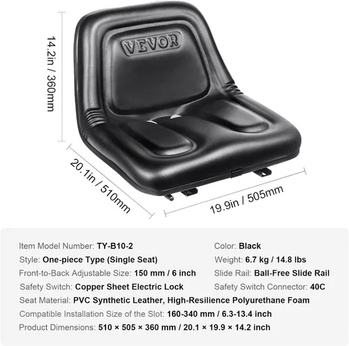 Vista 17 de VEVOR Asiento universal de carretilla elevadora, asiento de tractor plegable con respaldo de ángulo ajustable y micro interruptor, 6.3-13.4