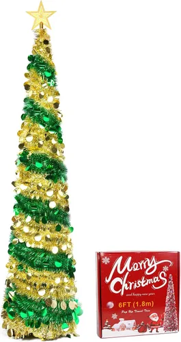 Vista 9 de 6FT Silver Pop up Christmas Tree, Collapsible Christmas Tree Árbol de Navidad de oropel de lentejuelas brillantes, árbol de Navidad artificial fácil