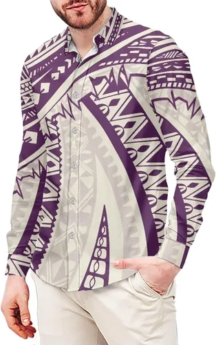 Vista 7 de Camisas polinesias para hombre con patrones de hojas tropicales polinesias, camisa hawaiana de manga larga para hombre, ropa de vacaciones de otoño