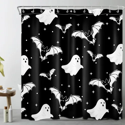 Vista 45 de HVEST Cortina de ducha con ganchos, calabaza espeluznante y fantasma con sombrero de bruja negro, juego de cortina de ducha naranja con flores