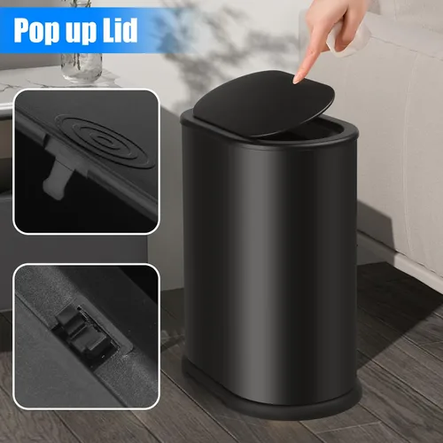 Vista 3 de Anzoymx Botes de basura de baño de acero inoxidable de 1.8 galones, bote de basura pequeño con tapa emergente, papelera estrecha de metal, juego