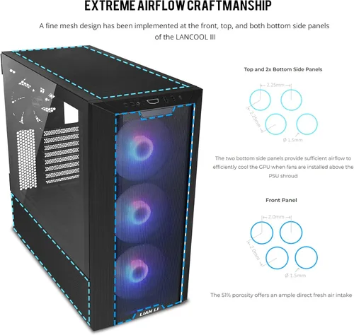Vista 4 de Lian Li LANCOOL III E-ATX Caja de PC, Amplia Caja de Computadora para Juegos RGB con Puertas de Vidrio Templado Articuladas, Paneles de Malla Fina