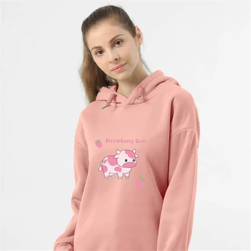 Vista 2 de Sudadera Kawaii para mujer, con estampado de vaca y fresa, manga larga, estética, mullida, sudadera con capucha