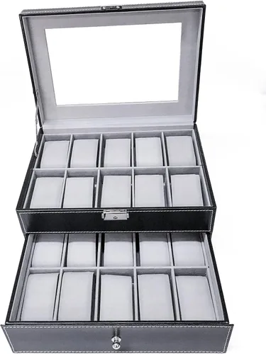 Vista 3 de Sodynee Caja superior brillante de cuero sintético de 20 cuadrículas, organizador de exhibición de relojes de joyería, caja superior grande