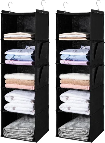 Vista 19 de BOOMIBOO Organizador de armario colgante y estantes, 5 estantes colgantes con 2 bolsillos laterales, almacenamiento plegable (beige)