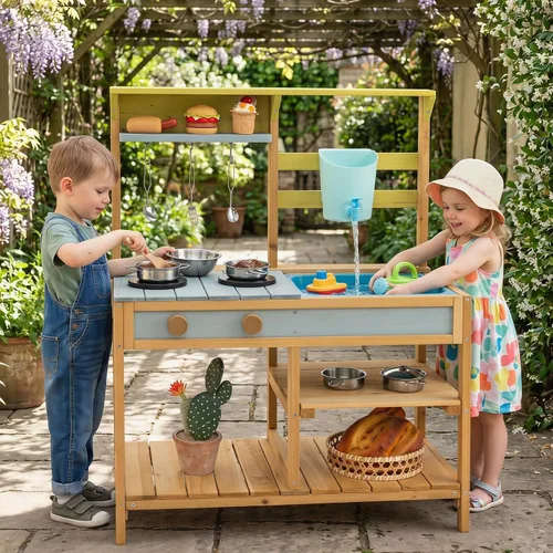 Vista 2 de Costzon Cocina de madera para niños, cocina de barro al aire libre con fregadero extraíble, caja de agua y grifo, parte superior de la estufa