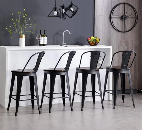 Vista 4 de HAOBO Home Juego de 4 taburetes de bar giratorios de metal con respaldo alto (negro mate con asiento de madera, giratorios de 24 pulgadas)