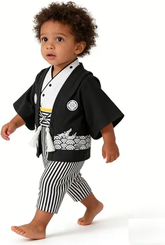Vista 9 de Traje de kimono para bebé, traje japonés, trajes de algodón samurái para bebés Beige