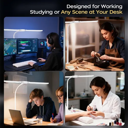 Vista 11 de Lámpara de escritorio LED con abrazadera, luz de arquitecto ajustable de doble cabeza, lámpara de escritorio para monitor de cuidado de los ojos