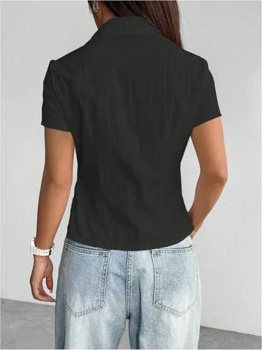 Vista 2 de SweatyRocks - Blusas con botones fruncidos, cuello en V, manga corta, camisas de trabajo para mujer