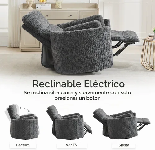 Vista 5 de Silla reclinable mecedora giratoria eléctrica con 2 almohadas, sillas reclinables eléctricas con puerto de carga tipo C y USB para sala de estar Gris