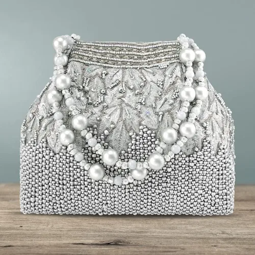 Vista 6 de Aheli Potli - Bolsas de noche para mujer, bolso de mano étnico para novia con cordón (P66S), plateado