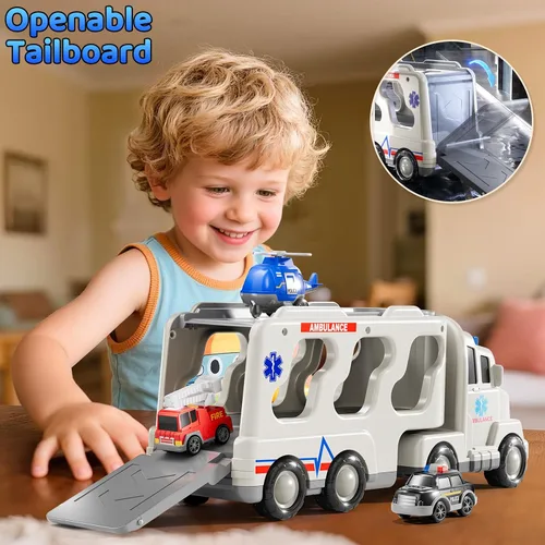 Vista 3 de Juego de Juguetes de Ambulancia para Niños Pequeños de 1-3 y 3-5 años, Juego de Camión Transportador con Coches de Juguete, Luz y Sonido, Juguetes