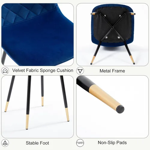 Vista 5 de Juego de 2 sillas de comedor de terciopelo azul marino, sillas tapizadas de cocina y comedor con patas de metal, sillas decorativas modernas