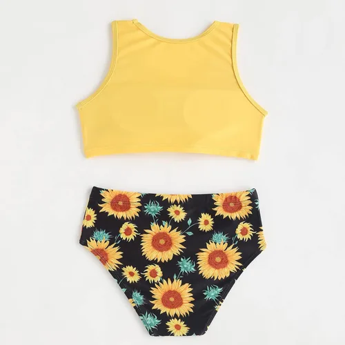 Vista 5 de Trajes de baño con volantes para bebés, bikini hueco, traje de baño de verano para niños, conjunto de girasol y letras para niños (amarillo, 11 años)