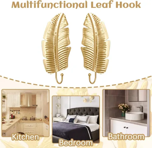 Vista 7 de 10 ganchos decorativos de pared con hojas doradas, ganchos para colgar abrigos, toallas, sombreros, perchas de metal para montaje en pared