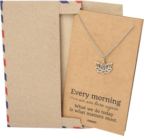 Vista 4 de quan jewelry Collar con colgante de flor de loto de yoga con símbolo Om, ideas de regalos de feliz cumpleaños para mamá, hija, mujer, con cita