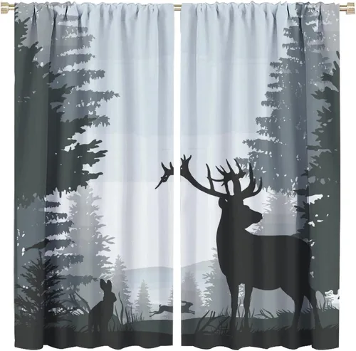 Vista 18 de Cortinas opacas con diseño de ciervos, bosque brumoso, rústico, vida silvestre, alce, montaña, pájaros, pino, bosque, cortinas de ventana