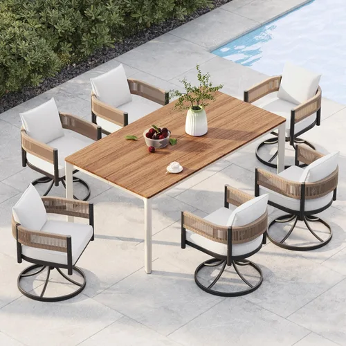 Vista 15 de Juego de comedor al aire libre Grand Patio de 5 piezas para 4, sillas de patio fijas de mimbre tejido metálico con cojines engrosados y 1 mesa