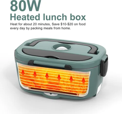 Vista 5 de WisaKey Lonchera eléctrica verde calentador de alimentos 80W lonchera calentada para adultos, calentador de almuerzo portátil 12V 24V 110V 220V