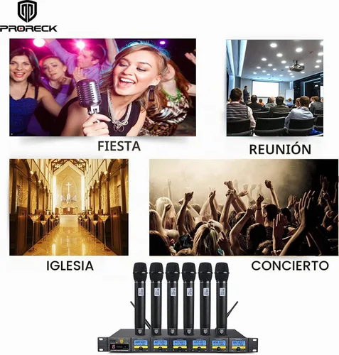 Vista 6 de PRORECK MX66 Sistema de Micrófono Inalámbrico UHF de 6 Canales con 6 Micrófonos de Mano, Máquina de Karaoke