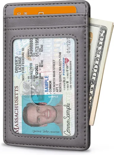 Vista 2 de Buffway Billetera delgada para hombre, minimalista con bolsillo frontal delgado, tarjetero de cuero con bloqueo RFID para viajes de trabajo
