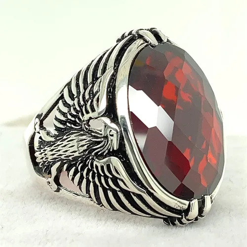 Vista 4 de Men Handmade Eagle Ring, Ruby Stone Ring, Silver Red Ruby Stone Ring, 925k Sterling Silver Ring, Handmade American Eagle Mens Ring