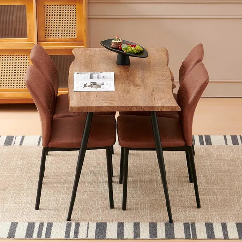Vista 6 de Juego de mesa de comedor para 4, mesa de comedor rectangular irregular de madera moderna, sillas de comedor de cuero, 4 mesas y sillas, juego de 4