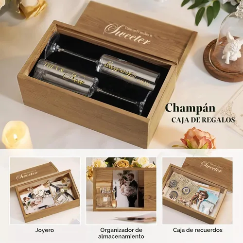 Vista 4 de AW BRIDAL - Juego de 2 copas de champán de aniversario con caja de madera Aniversario (marrón)