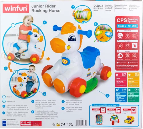 Vista 6 de Winfun Giddy-up Horsey - Juguete mecedor y de montar 2 en 1 - Sensor de movimiento interactivo con sonidos, luces y música, asas de fácil agarre