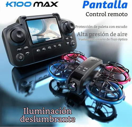 Vista 2 de Mini dron K100 con controlador de pantalla con tarjeta SD, dos baterías, posicionamiento de flujo óptico, protección completa para hélices de vuelo